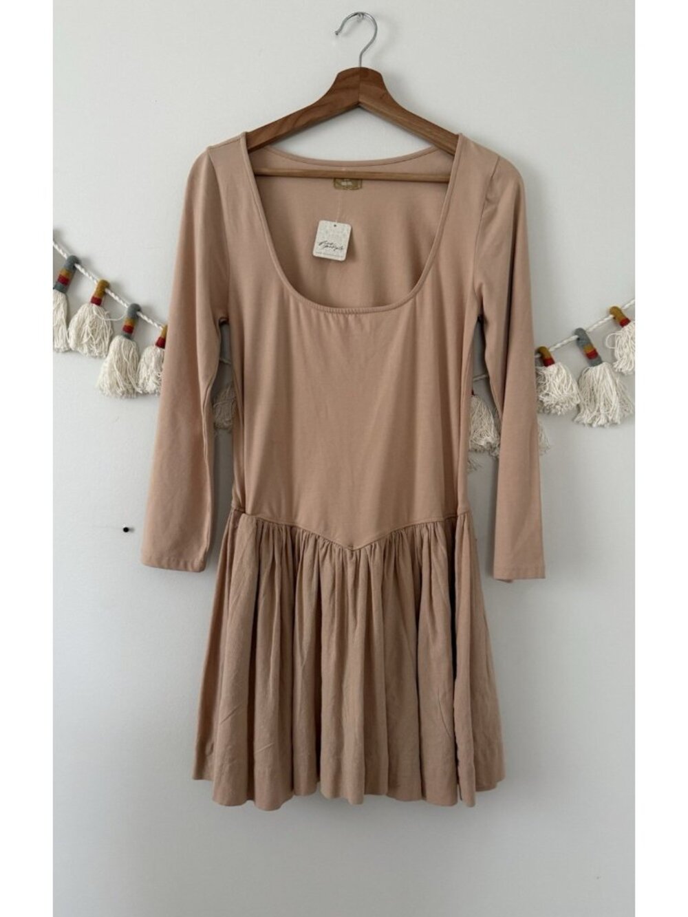 Free People Onda Drop Waist Long Sleeve Mini Dress Taupe Neutral Balletcore NWT